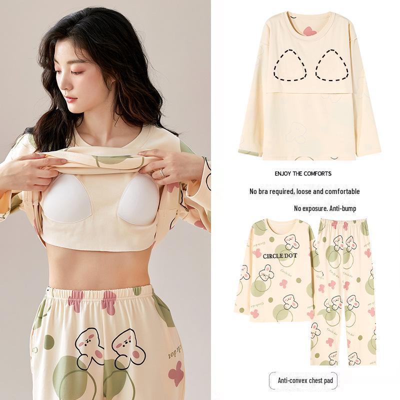 Women's Cartoon Long-Sleeve Pajamas with Chest Pads - Lightweight Home Loungewear for Autumn and Spring
