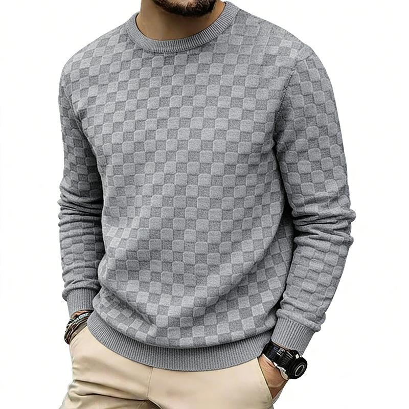 Mens American Heavyweight Loose Casual Checkerboard Jacquard Crew Neck Long Sleeve Sweatshirt