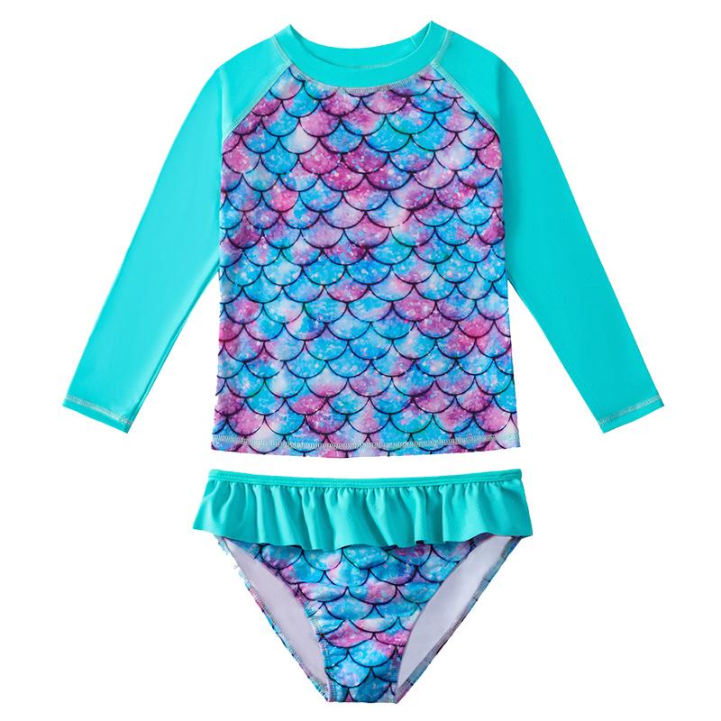 Girls' Long Sleeve Fish Scale Swimsuit Set with Sunscreen Protection