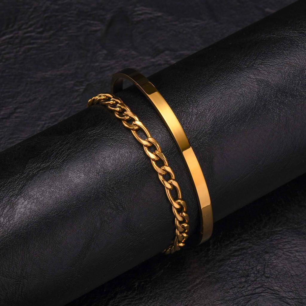 2 stuks Heren Kettingarmbanden, Roestvrij Staal Manchet Bangle Armband, Casual Sieraden Set voor Echtgenoot Vader