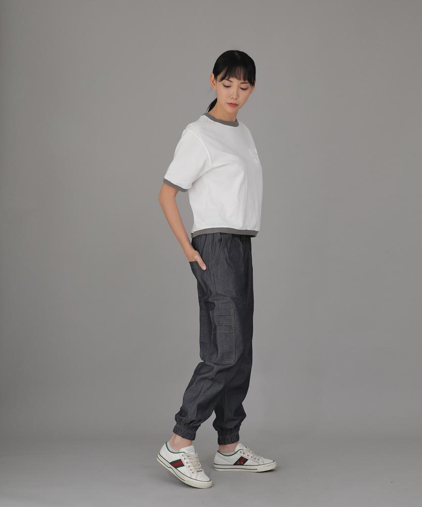 Seinteukeulu Bold Ankle Band Cargo Jogger Pants Bac-328 Denim Light Indigo