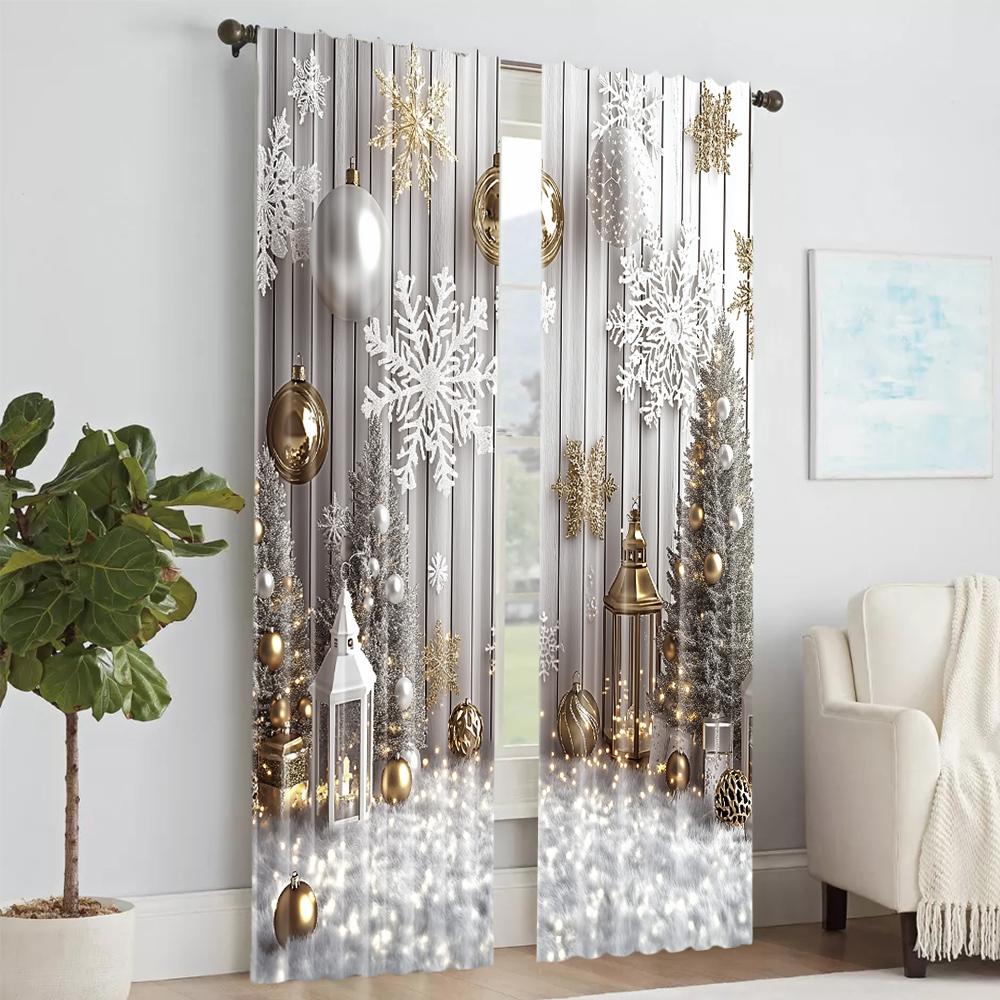 2Pcs Christmas Tree And Snowflake Window Curtain Polyester Material With Rod Pocket Landscapes Print For Bedroom And Living Room