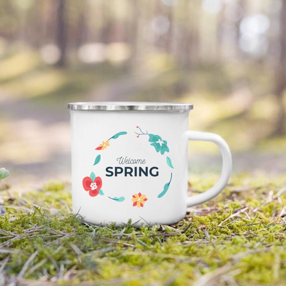 Hello Spring Enamel Camping Mug Appreciation Best Original and Fun Gifts Drink Juice Water Dessert Cocoa Milk Handle Cup