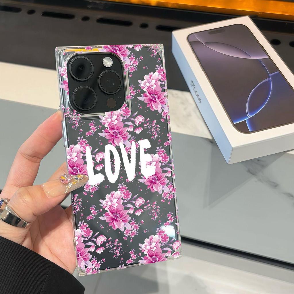 Clear Square Back Tube Case Protection For iPhone 16 ProMax 14 Pro Max 12 15 Plus 13 11 Anti-Oxygen,Pink Flowers Pattern Casing