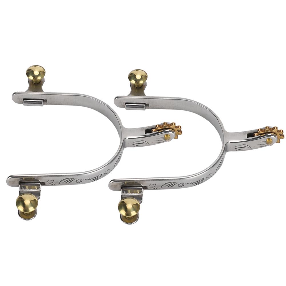 2PCS Stainless Steel Horse Spurs West Cowboy Style Compact with Brass Rowel Belt Button