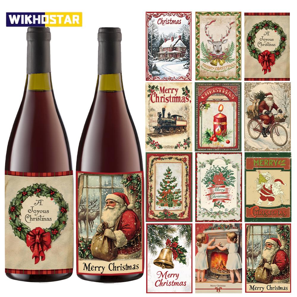 12pcs Retro Merry Christmas Wine Bottle Label Wraps Stickers Xmas Party Decoration New Year Navidad Gift DIY Sealing Stickers