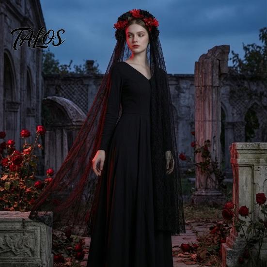 Black Lace Veil Headband Gothic Style Hair Hoop, Hollow See-Through with Simulated Flowers And Photo Accessory Veil, Halloween Day of The Dead
