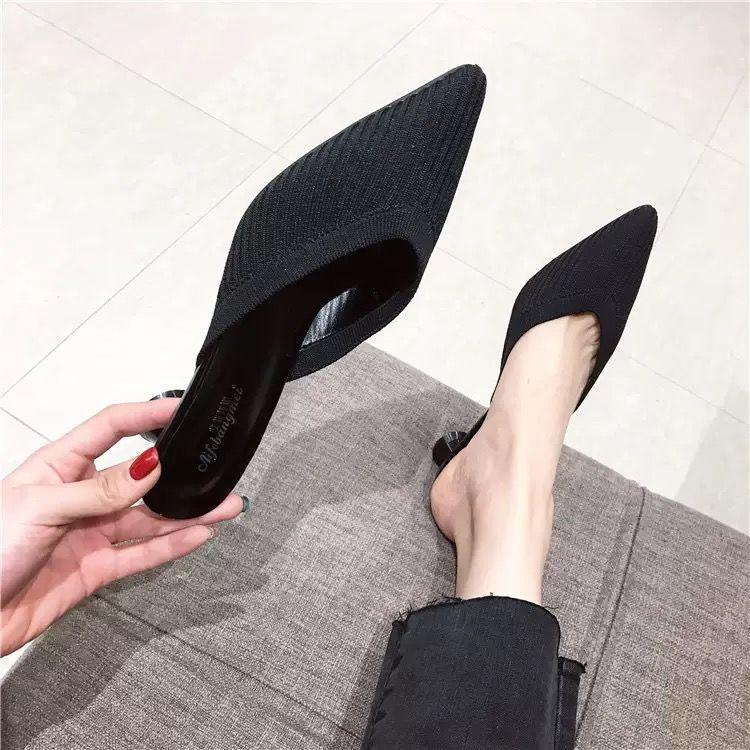High heels women wear 2025 burst new knitted thick heel sandals Internet celebrity Mueller shoes wear pointed toe half slippers women