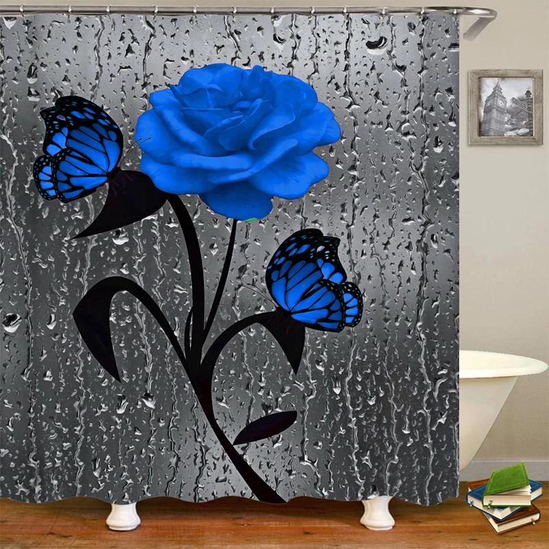 Blooming Flowers Rose Butterfly Shower Curtain Waterproof Modern Bathroom Decor, Waterproof Fabric Shower Curtain with Hooks
