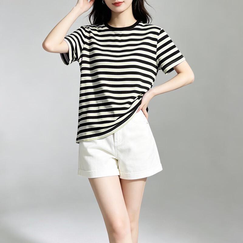 Women's 100% Mulberry Silk Striped Short-Sleeve T-Shirt