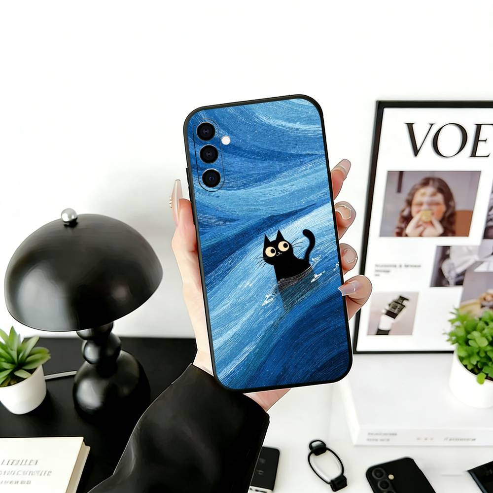 Cute Black Cat Illustration Phone Case For Samsung Galaxy A73,A72,A71,A70,A53,A52,A51,Soft Silicone Black Cover