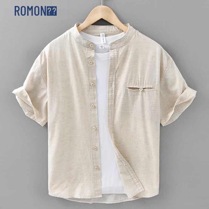 ROMON Men s Chinese Style Cotton Linen Stand-Collar Short-Sleeve Shirt 2XL