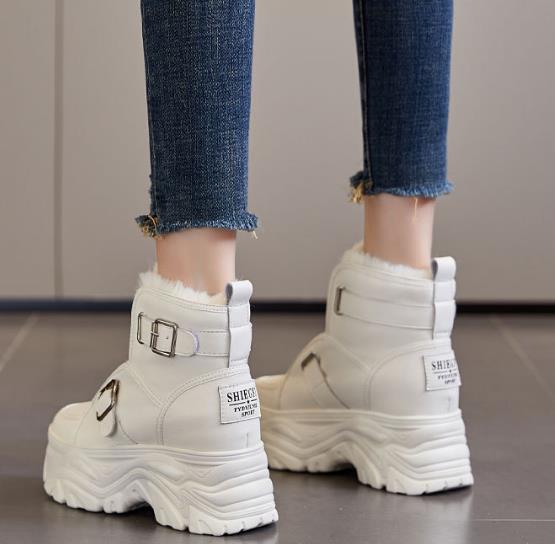 Fashion 8CM Genuine Leather Women Warm Animal Hair Chimney Hidden Heels Platform Wedge Autumn Winter Plush Booties Warm Fashion Shoes