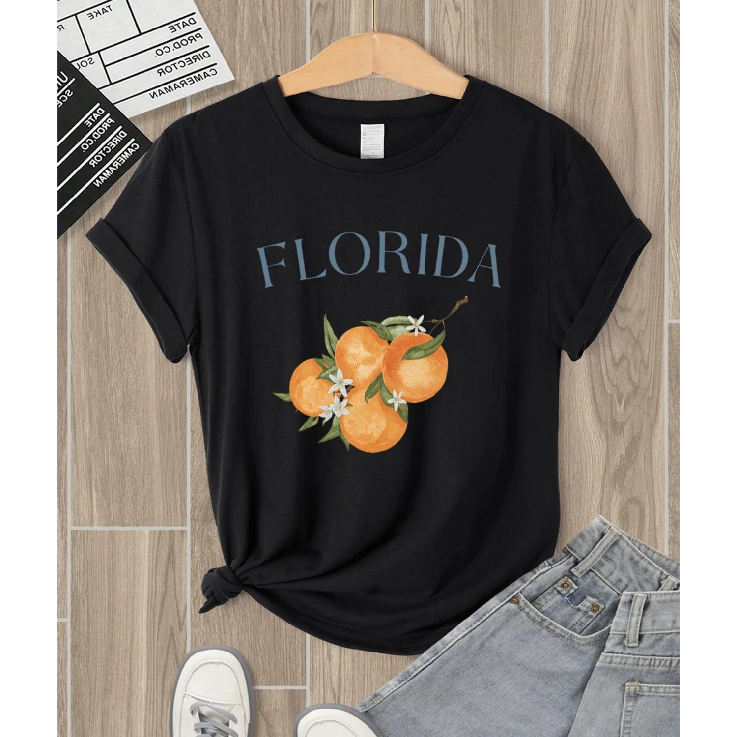 

Florida Fresh Orange Fruit Prints T Shirts Women Summer Y2K T-Shirt Hip Hop O-Neck Tops Multicolor Casual Woman Short Sleeve S чёрный