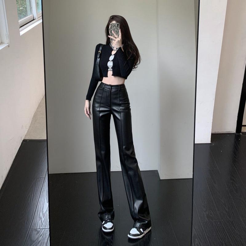 2023 Women's High-Waist Black Leather Wide-Leg Pants: Slim, Casual, and Drape-Effect Trousers