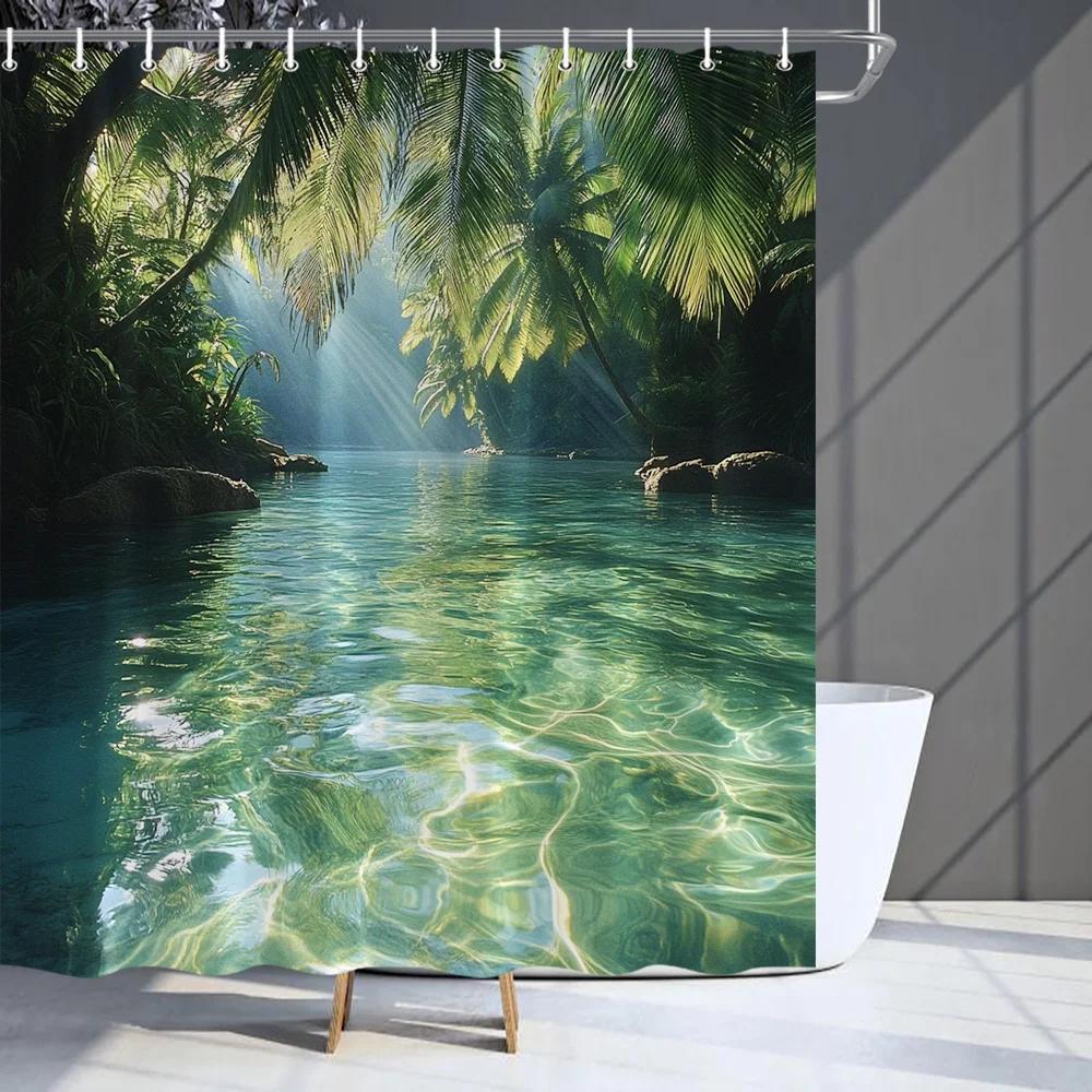 Rideau de douche Paradis Tropical: Décor de jungle serein pour salle de bain, ambiance tranquille avec lumière du soleil et eaux claires