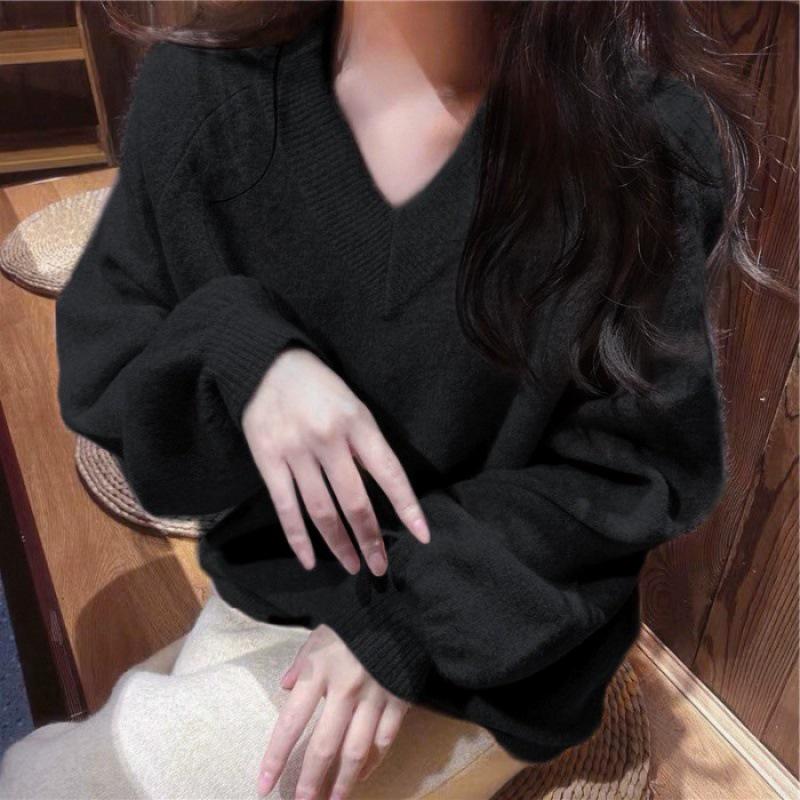 Ethereal Pink V-Neck Cashmere Sweater for Women - Thick, Loose, Lazy Style, Perfect for Winter, Sweet & Gentle Japanese Aesthetic