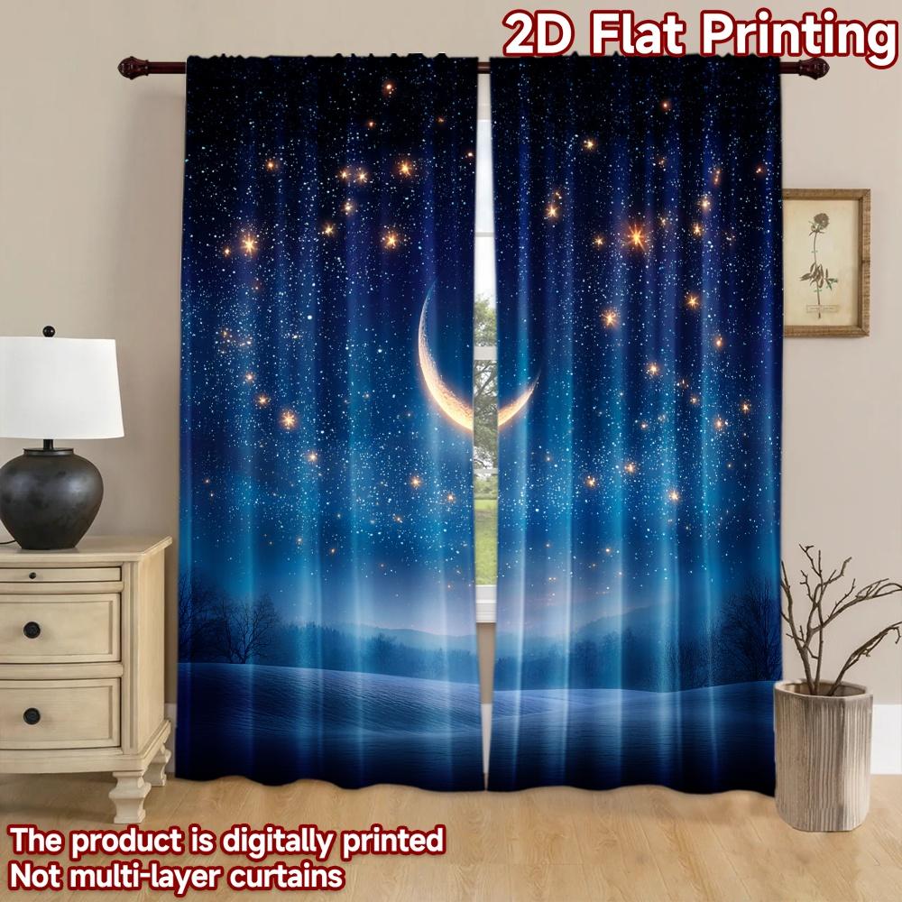 2D Flat Printing 2pcs Curtains Crescent Moon Night Stars Sky Digital Printed Polyester Drapes Festive Wall Decor Use for Booths