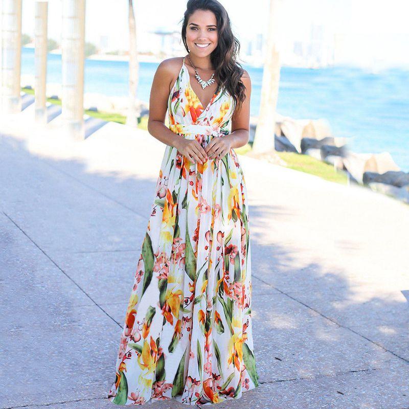 Strap Printed Beach Long Dress for Women Sling Print Beach Dress Women