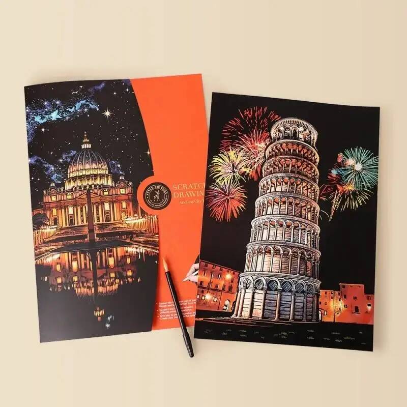 DIY 4PCS/Set A3 Colorful City Night Scenery Landscape Laser Scratch Painting With Tool Landmark Scratch Art Room Decor Gift