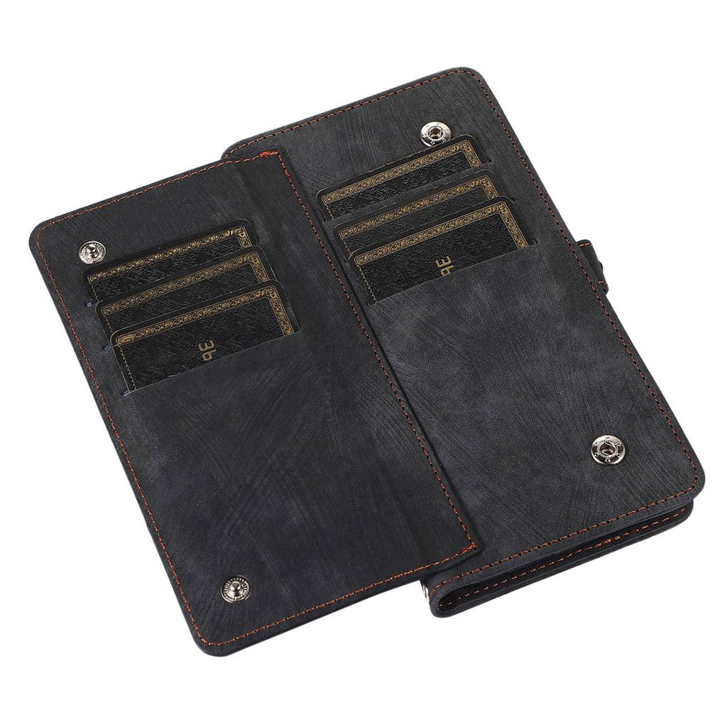 For iPhone 15 Pro Case Zipper Pocket 9 Card Slots PU Leather Phone Cover with Wrist Strap