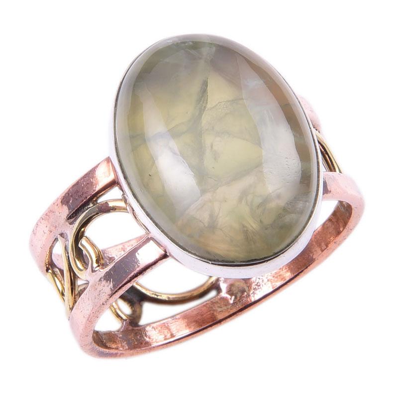 Natural Prehnite Gemstone Handmade 925 Sterling Silver Two Tone Ring S.10.5 y3J33