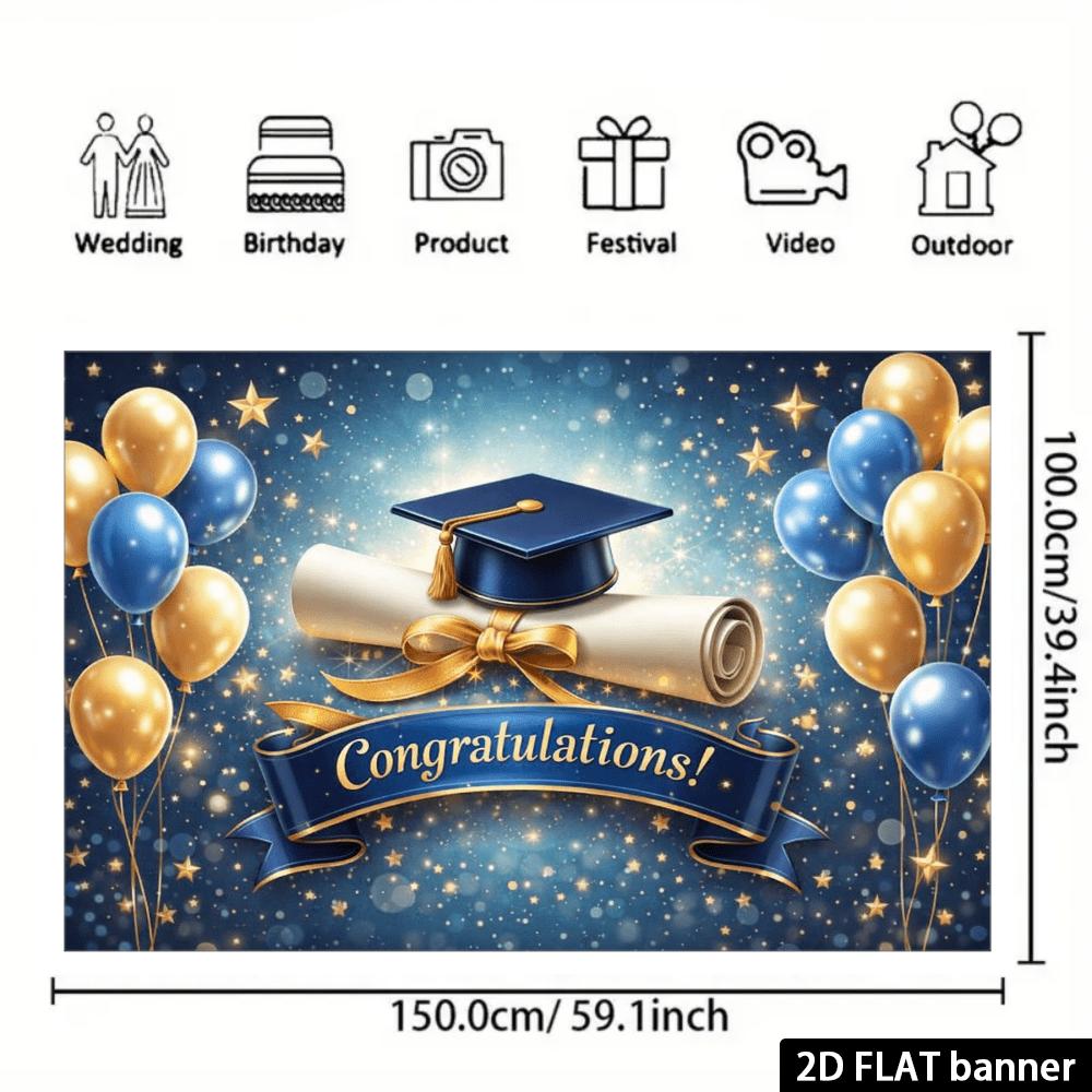 2D plane graduation party backdrop fabric - blue and gold star scroll theme, decorated with bachelor caps and horizontal scrolls