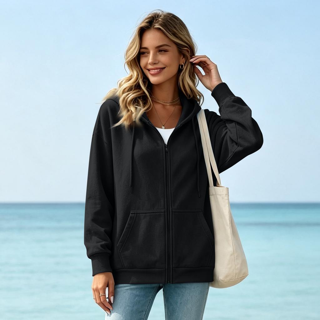 Felpa da donna con zip e cappuccio colorata, top casual per il tempo libero e lo sport