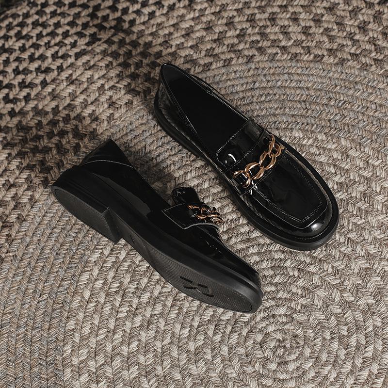 2021 New Women's JK British Style Black Leather Loafers - Square Toe, Thick Soles and Heels, Plus Velvet, Flat Design