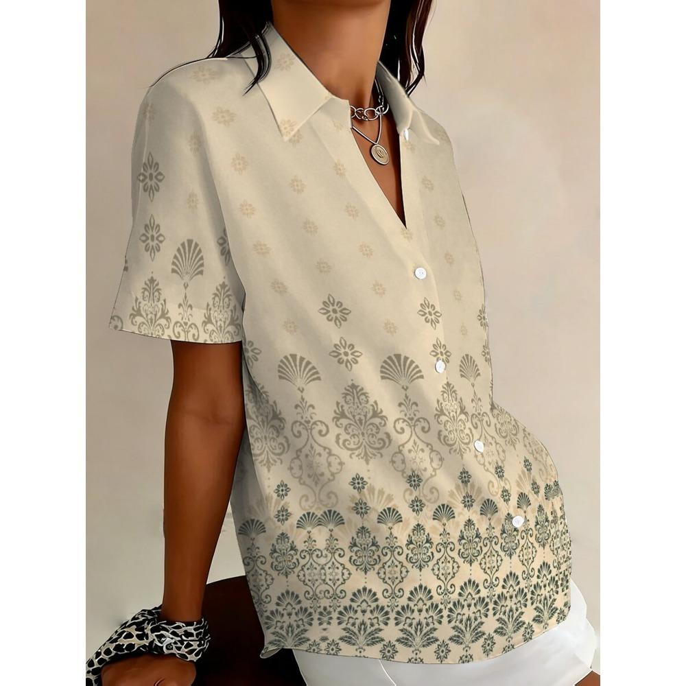 Plus Size, Women s Casual  Short-Sleeve Yellow Printed Plus-Size Button-Up Shirt with Fashionable Lapel Cardigan S