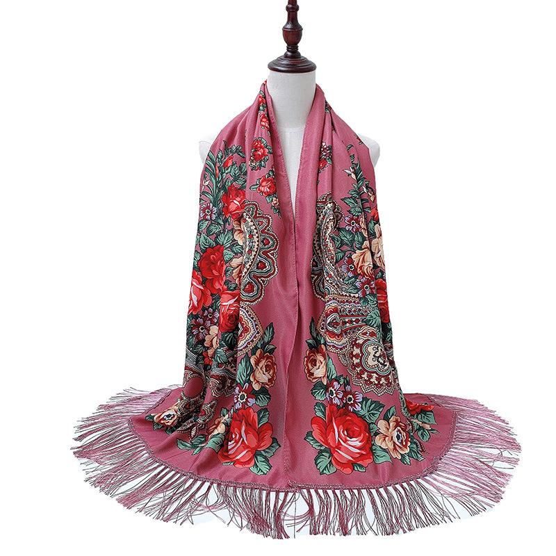Russian Style Luxury Floral Printed Women Scarf Ethnic Fringed Shawl Babushka Hijab Head Wraps Lady Travel Sunshade Scarves