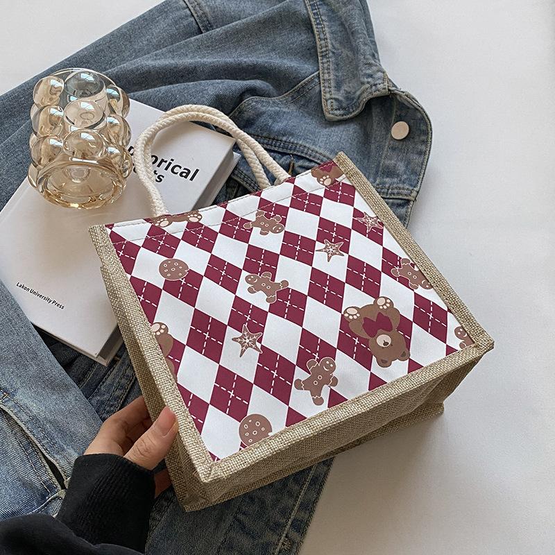 

Милая мультяшная сумка-тоут для студентов, женская, новая 2025, для выхода, для ланч-бокса, сумка для бенто, японская льняная сумка Burgundy zipper