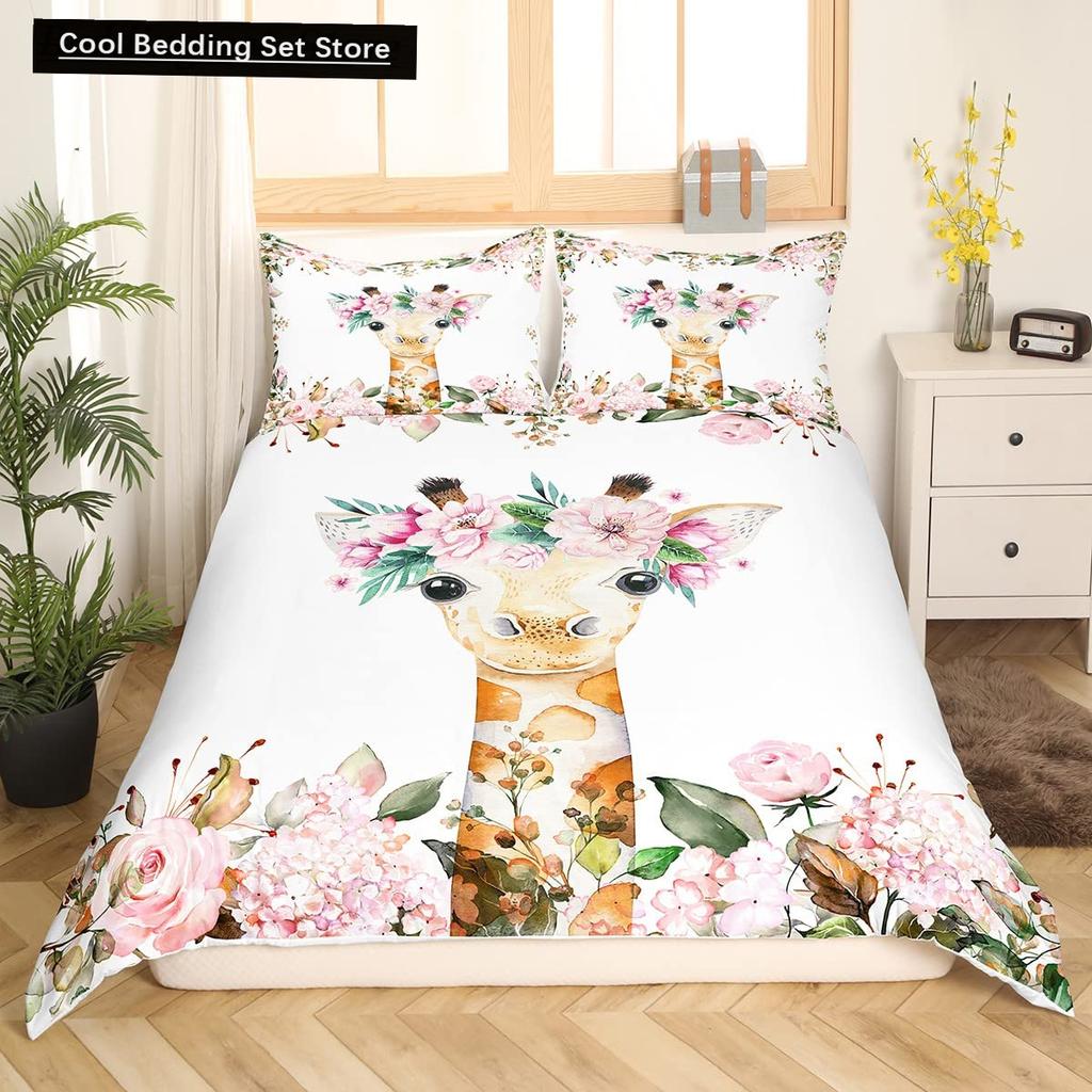 Pink Cartoon Animal King Queen Duvet Cover Kawaii Panda Pattern Bedding Set for Kids Girls Wildlife 2/3pcs Polyester Quilt Cover