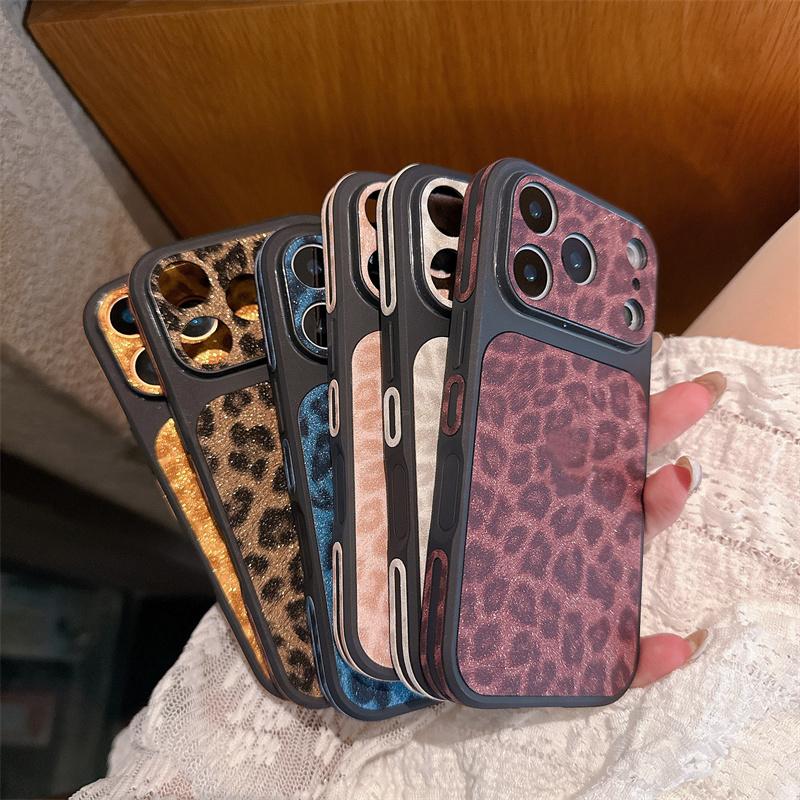 Fashion Leopard Print Leather Texture Phone Case For iPhone 17 16 15 14 13 Pro Max Instant Turn 17 Large Window Shockproof Cover
