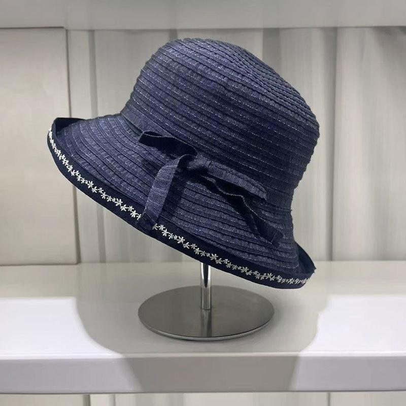 

New Bucket Hat Four Seasons Women s Outdoor Vacation Shading Face Shading Straw Hat Sun Protection Bow Breathable Hat 56-58CM темно-синий