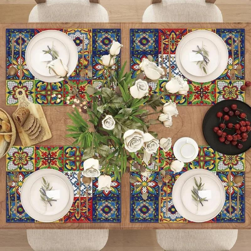 1PC Mexican Talavera Ceramic Tile Printed Placemats Washable Placemats Are Suitable for Kitchen Party Restaurants