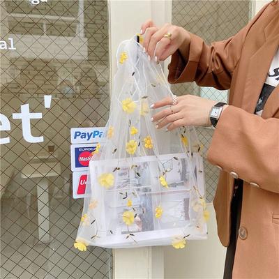 Damen Transparente Tragetasche Organza Garn Stoff Strandtasche Stickerei Handtasche Eco Klare Handtaschen Geldbörse Mädchen Netz Blumen Muster Einkaufstasche