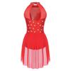 Body da ballo latino Chacha da donna S-XXL: Body Leotard Monopezzo Senza Maniche con Strass Scintillanti, Schiena Svuotata, Gonna Irregolare, per Ginnastica