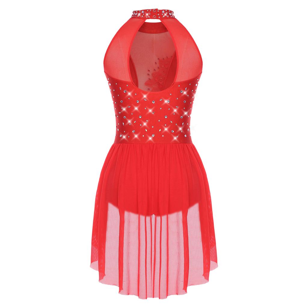 Body da ballo latino Chacha da donna S-XXL: Body Leotard Monopezzo Senza Maniche con Strass Scintillanti, Schiena Svuotata, Gonna Irregolare, per Ginnastica