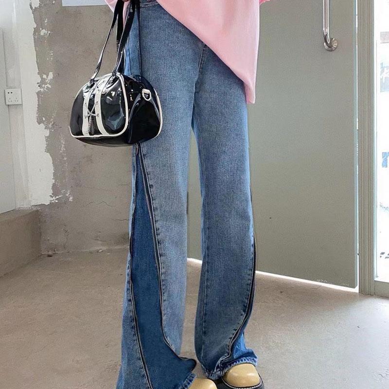 Contrasting Colors Spliced Bootcut Trousers Women's Clothing High Street Denim Pants Chic Zipper Wide Leg Casual Vintage Jeans
