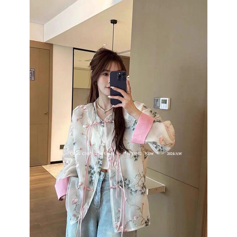 

Хорошее качество 2024 весна K-стиль Новый китайский стиль Национальный стиль Легче всего сочетать Приталенный вид Машинная вышивка Кардиган Верхняя одежда Топ Женский Pink M