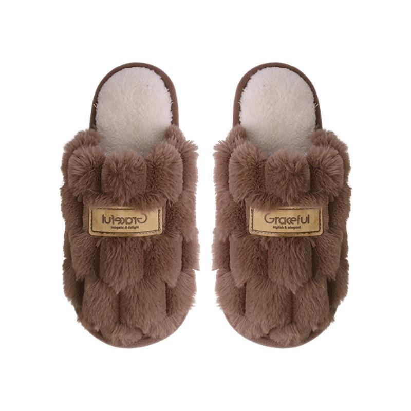 New hexagonal leather standard fluffy slippers for home use with thick bottom warm and non-slip cotton mop thickened and velvet