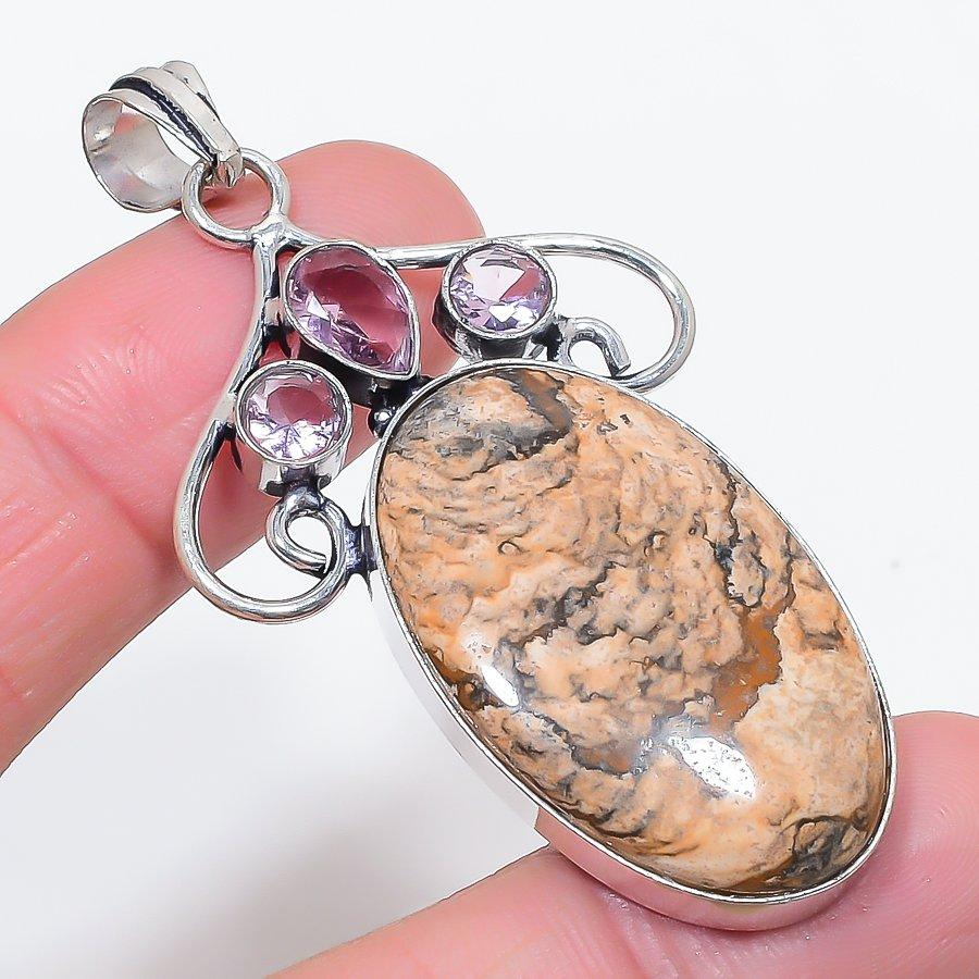 

Натуральный пейзажный яшма, кунцит 925 стерлинговое серебро ювелирный кулон 2,52 l8g37