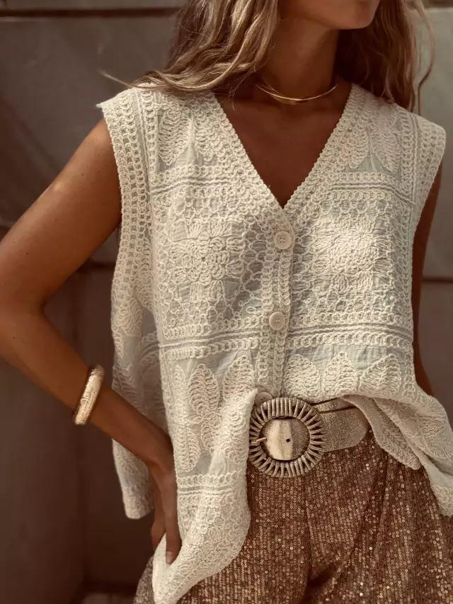

Women s Embroidered Lace Vest Top - Casual Cross-border Style Cover-up One Size абрикосовый