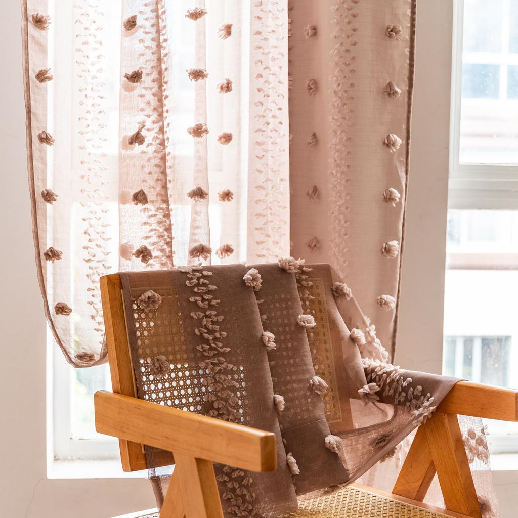 Finished Curtains Tufted Cursing Hair Ball Solid Color Pink Living Room Bay Window No Punching Through Rod Curtain