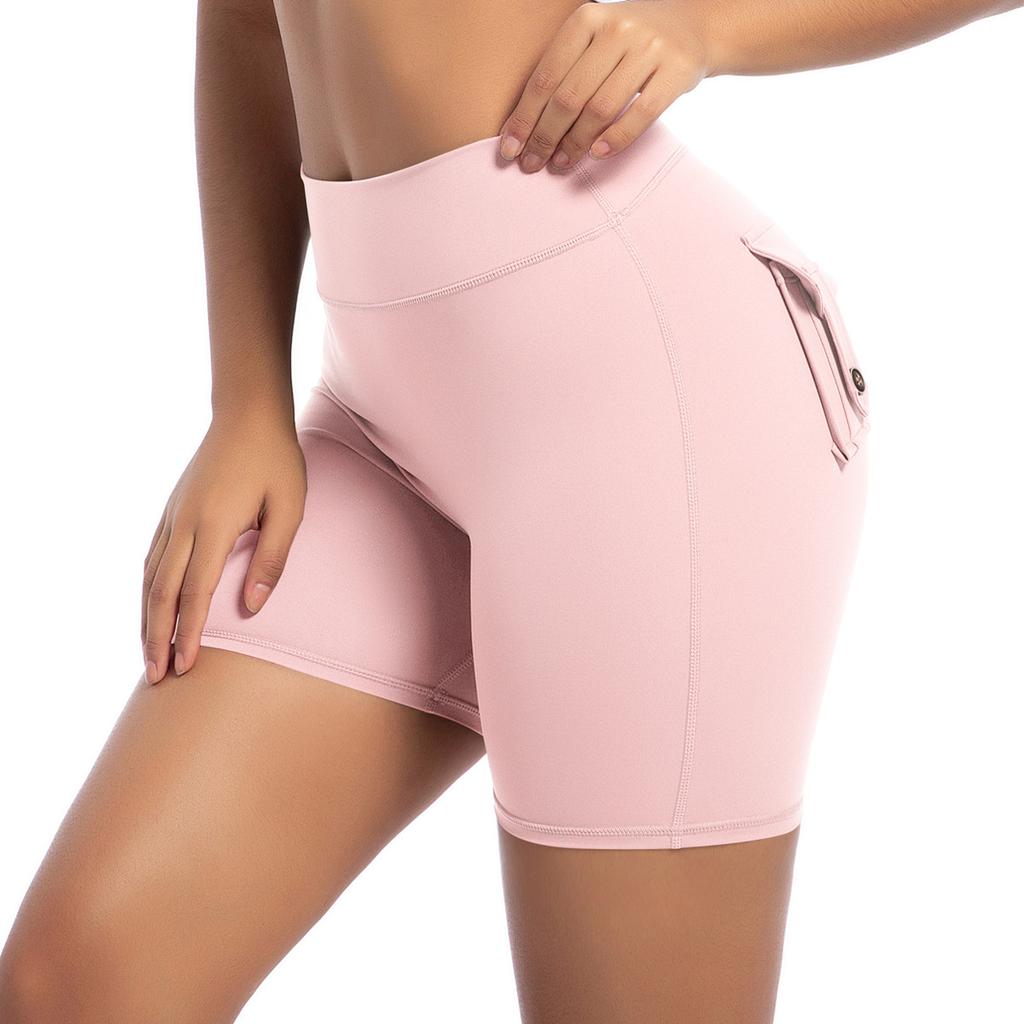 Workwear Pocket Tight Shorts Women's High Waist Elastic Hip Lifting Button Yoga Pants Speed Drying Running Fitness Pants