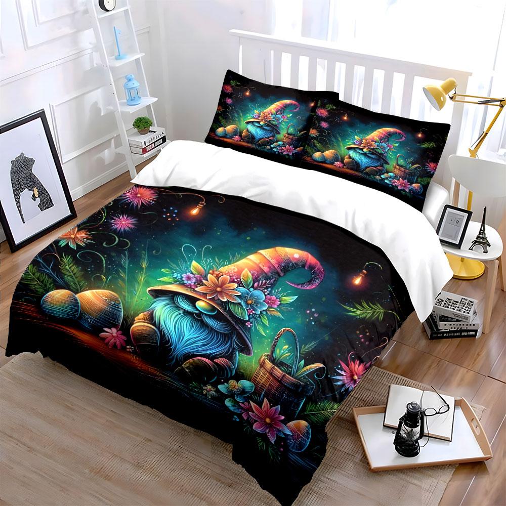 Whimsical Gnome Flower Bedding Bedding Duvet Cover Set Duvet Cover Pillowcases (1 * Duvet Cover 2 * Pillowcases, without duvet insert)