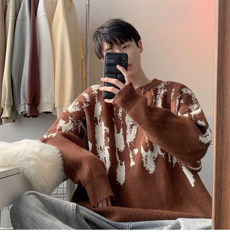 Korean Tie-Dye Men's Sweater: Trendy 2026 Autumn/Winter Knitwear, Youthful Loose Fit