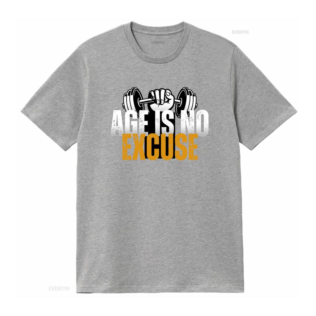 Age Is No Excuse Workout T Shirt Motivational Gym Apparel for Senior Fitness Enthusiasts Inspirational Design Healthy Living