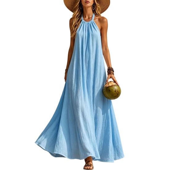 Women Halter Neck Maxi Sleeveless A-Line Linen Dress Loose S